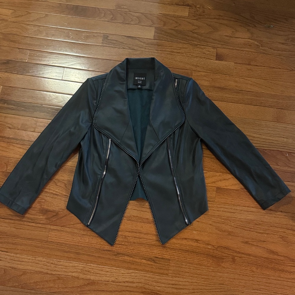 Insight Dark Green  Faux Leather Moto Jacket with Pointed Hem